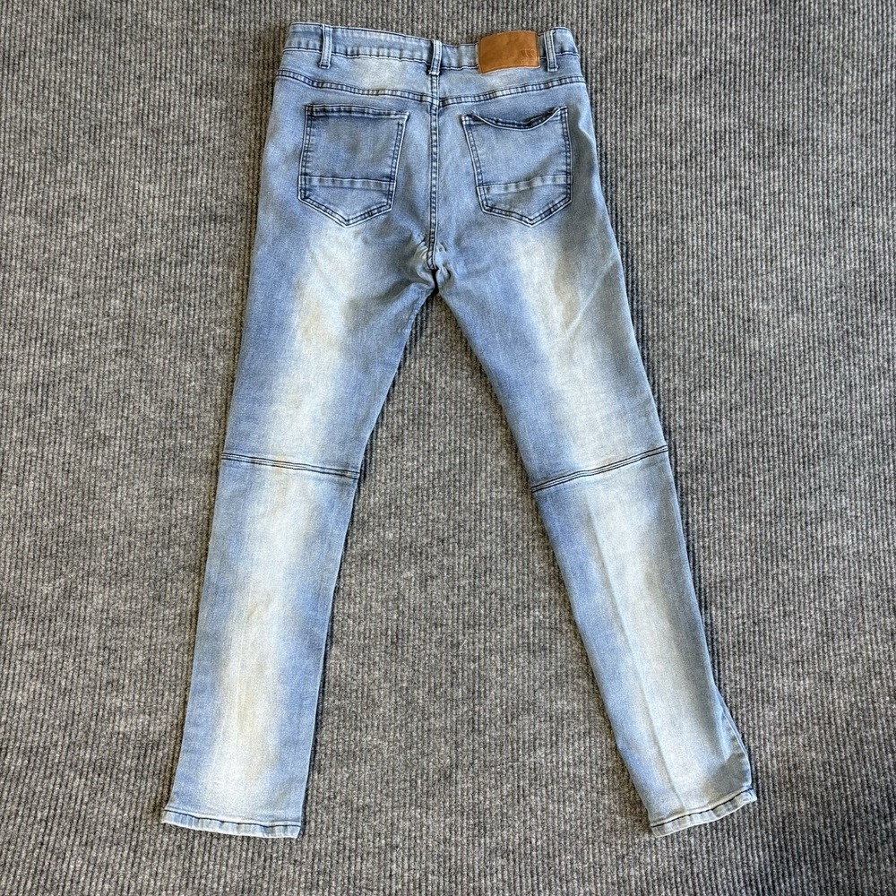 Waimea Mens Skinny Fit Moto Biker Jeans Light‎ Wash Distressed Blue 34x32